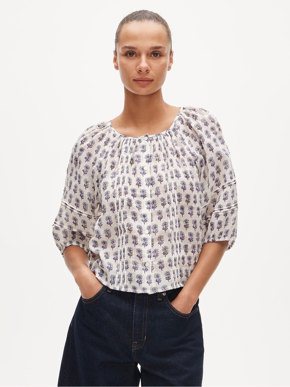 J. Crew White Blouse with Blue Floral Print